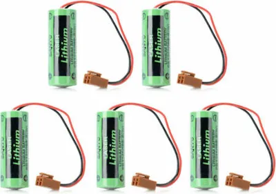 Six green lithium batteries with red and black wires and brown connectors are arranged in two rows on a white background.
