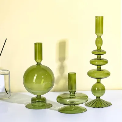Productafbeelding van 3 Stuks Glazen Kaarsenhouders - Elegant en Wavy - Groen
