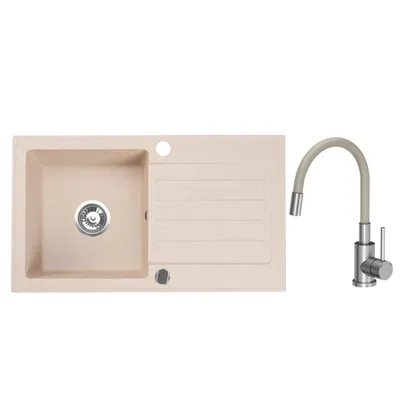 Produktbild von VBChome Granitspüle 76 x 44 cm Beige mit flexibler Armatur Einzelbecken Einbauspüle Reversibel Gesprenkelt Pflegeleichtes Spülbecken mit Siphon