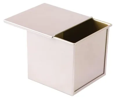 Image de Moule à pain rectangulaire doré avec couvercle, surface lisse, dimensions 15x15x14 cm, en acier avec revêtement antiadhésif, pour 450g de pâte