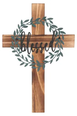 Holz-Wandkreuz 40x26 cm mit Metallblättern „Blessed“
