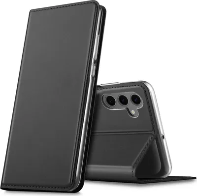 A black flip case for a smartphone is shown with the phone inserted into the case.