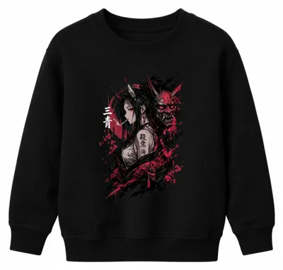 Imagen del producto de Sudadera con capucha estilo streetwear de los años 2000, diseño de máscara japonesa Hannya, con motivos de demonios, para niña, color negro, talla 140