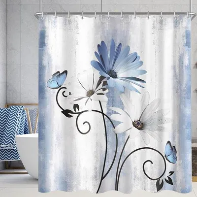 Produktbild von Ibenzoa® Blauer Duschvorhang 180 x 200 cm – Polyester, wasserabweisend & schimmelhemmend, Gänseblümchen- & Schmetterlingsmotiv, inkl. 12 Kunststoffhaken