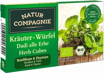 Produktbild von BRÜHE – -KRÄUTERBRÜHWÜRFEL MIT BASILIKUM UND THYMIAN (8 x 10 g) 80 g – NATUR COMPAGNIE