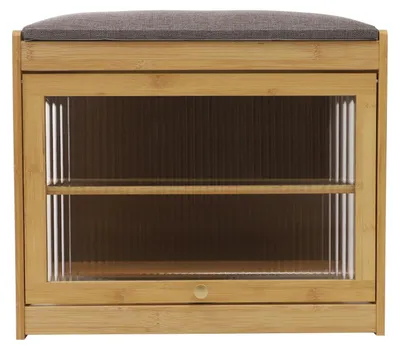 Produktbild von Schuhbank aus Bambus - Schuhregal mit Sitzkissen - Aufbewahrungsbank für Flur und Schlafzimmer - Holzgestell mit Ablagefächern