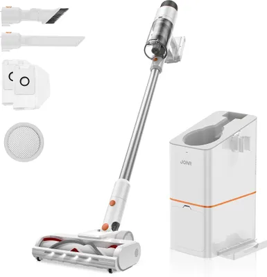 A collection of vacuum cleaner accessories and a charging station are displayed on a white background.