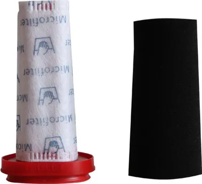 Two vacuum cleaner filters are shown against a white background. One is a white cylindrical filter with red at the base, and the other is a black rectangular filter.