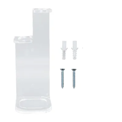 A transparent acrylic wall mount for lightsabers, along with mounting hardware, is displayed against a white background.