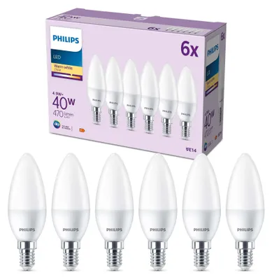 Produktbild von Philips Kerzenlampe 40W B35 E14 x6, 4,9 W, 40 W, E14, 470 lm, 15000 h, Warmweiß