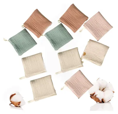 Produktbild von 10 Stück Baby Musselin Waschlappen aus 100% Baumwolle, Set für Neugeborene, wiederverwendbare Handtücher in zufälligen Farben, 23x23 cm