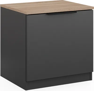 A single nightstand with a dark gray body and a light brown wooden top.