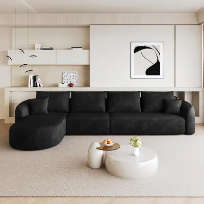 Produktbild von okwish 3-Sitzer L-förmiges Ecksofa mit linksseitiger Ottomane,Wohnzimmersofa mit komprimierter Polsterung, Sofa ohne Armlehnen,Schwarz