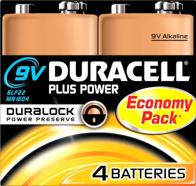 Obrázok produktu pre Duracell Plus Power, Batéria na jedno použitie, 9V, Alkalický, 9 V, 4 kusov, Čierna, Medená
