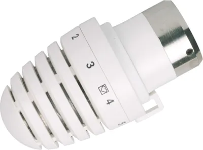 A close-up, angled view of a white thermostat head with numerical markings and a silver metal component at the end.