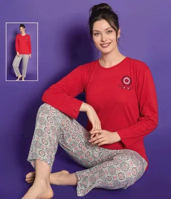 Produktbild von Damen Große Größen Pyjama Schlafanzug Rot 4XL Lang Baumwolle 2-Teiler Set L-98