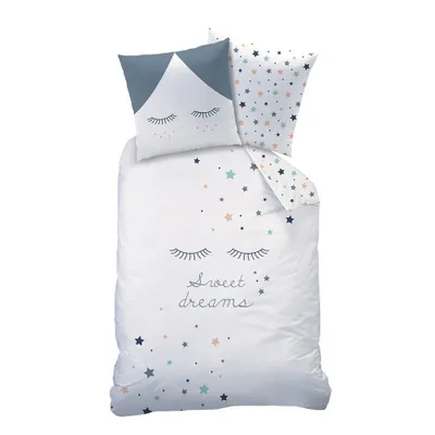Zdjęcie produktu dla Pościel Sleepy Eyes 80x80 + 135x200 cm  Dwustronna pościel dla dzieci / dziewczynek  Sweet Dreams, rzęsy, gwiazdki  100% bawełna