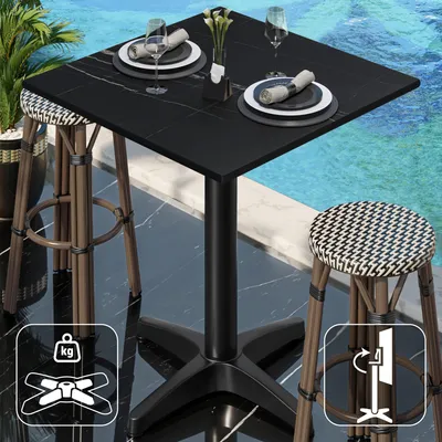 Produktbild von CPBL | HPL Compact Bistro Stehtisch | 60 x 60 x 110 cm | Klappbar + Zusatzgewicht | Schwarz Marmor / Schwarz | Bistrotisch Gastro Steh Tisch