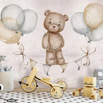 Produktbild von Vlies Fototapete für Kinder 400x280 cm Tapeten Wandtapete XXL Tier Bär Ballons Party wie gemalt e-C-10002-a-a