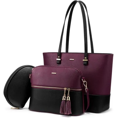 Image de Ensemble de sacs à main 3 pièces : sac cabas, sac à bandoulière, portefeuille, noir et violet, en similicuir