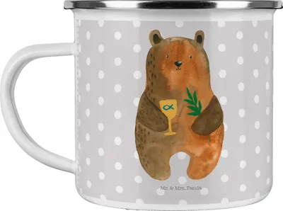 Produktbild von Mr. & Mrs. Panda Haferl Bär Konfirmation - Grau Pastell - Geschenk, Evangelisch, Campingbecher, Gottesdienst, Pott, Teddy, Outdoor Becher, Reisebecher, Emaille Tasse