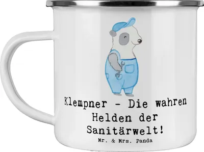 Produktbild von Mr. & Mrs. Panda Pott Klempner Helden - Weiß - Geschenk, Beruf, Emaille Tasse, Kaffeepott, Blechtasse, Emailletasse, Berufsliebe, kreative Geschenke, Fachwissen, Becher