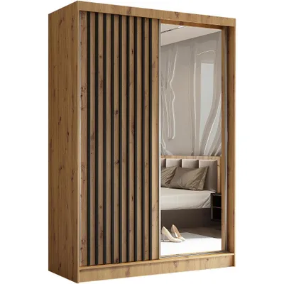 Image de BEAUTYSOFA Armoire moderne à barreaux et tiroirs HELIX 150 cm - Armoire, penderie avec portes coulissantes et miroir (Artisan + Black)