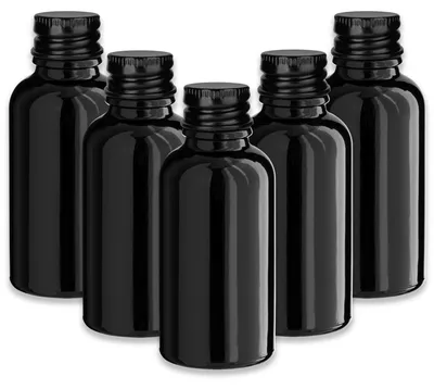 Produktbild von 5x Schwarze Glasflasche 30 ml mit schwarzem Aluminiumverschluss leer