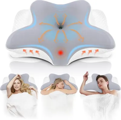 A collage showing an orthopedic pillow with diagrams and three women sleeping on it.