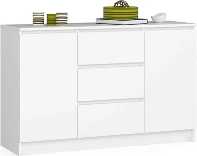 Image de Commode K016 Blanche 120 cm avec 3 Tiroirs et 2 Portes Coulissantes