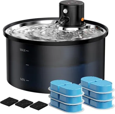 Obrázek produktu pro Fontánka pro kočky s pohybovým čidlem, 3,2 l, nerezová ocel, 6 uhlíkových filtrů, 3 houbičky, bezdrátová