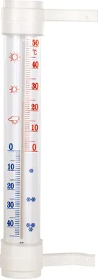 A white thermometer with temperature markings and weather icons.