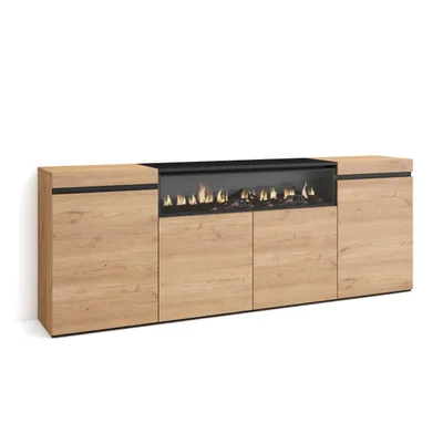 A long, modern sideboard with a fireplace feature.