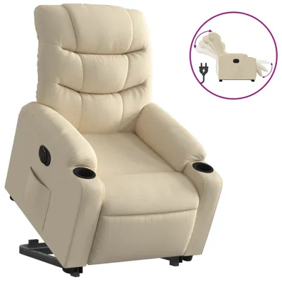 A cream-colored electric recliner chair with a lift assist feature, shown from a slightly angled front view against a white background. An inset graphic shows the chair in different positions with a power plug icon.