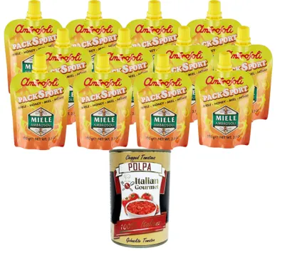 Produktbild von Ambrosoli Italian Gourmet Ambrosoli Pack Sport Honig, 100% Natürlicher Blütenhonig, Wiederverschließbarer mit Kappe, 100g x 12 Stück+ Italian Gourmet polpa 400gr