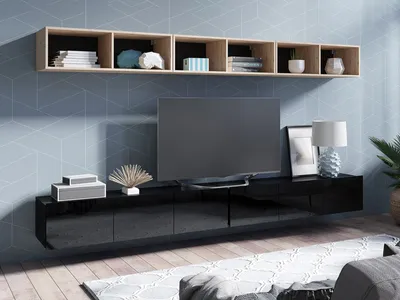 Produktbild von Wohnwand CALABRINI-33 Wohnzimmer-Set Hängewohnwand Schrankwand Schrank TV-Schrank Moderne Anbauwand Hochglanz (Schwarz / Artisan Eiche)