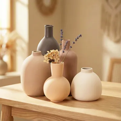 Image de Ensemble de vases en céramique, 5 pièces, beige et marron, pour pampa et fleurs séchées