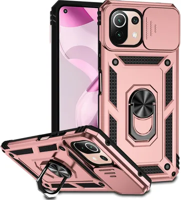 Image de Étui pour Xiaomi Mi 11 Lite 5G étui double couche avec couvercle coulissant pour appareil photo et anneau de support Rose