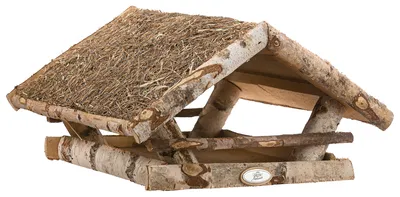 Produktbild von Dehner Natura Futterhaus für Wildvögel mit Heudach, inkl. Ständer, 130 x 112 x 108 cm, Birkenholz/Heu