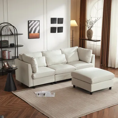 Produktbild von Polstermöbel Sofa 220x83x81 cm Modernes Design Dreisitzer-Sofa Wohnzimmer Sofa Ecksofa mit Fußhocker L-förmiges Ecksofa Beige