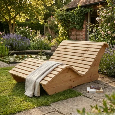 Produktbild von Holzliege Waldsofa Wellenliege Relaxliege "Sigi" Gartenliege Massivholz Lärche abgeschrägt 120cm Himmelsliege