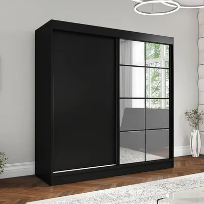 Image de Armoire coulissante TAVIRO, modèle 2 portes avec tiroirs et miroir, penderie de 200 cm (noir)