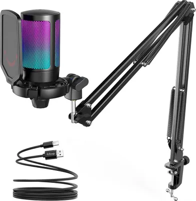 A black USB microphone with a colorful LED light, a boom arm, and a USB cable on a white background.