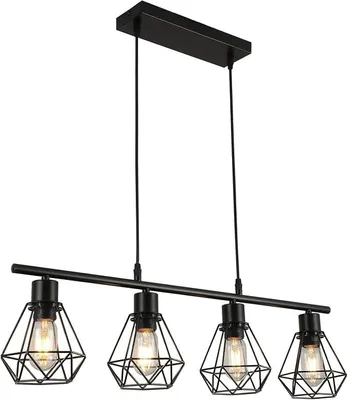 Immagine prodotto di Lampada a sospensione, 4 luci, per tavolo da pranzo, lampada da pranzo nera in metallo, lampada a sospensione E27, lampada per tavolo da pranzo, lampada a sospensione con altezza regolabile, stile industriale vintage, lampada a sospensione per sala da pranzo o cucina