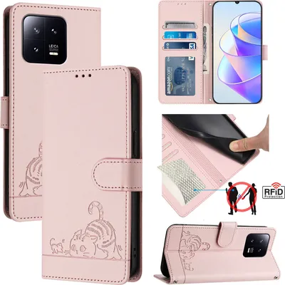 Produktbild von Leder Hülle für Xiaomi 13 Süße Katze Flip Case Brieftasche Schutzhülle mit Standfunktion Pink
