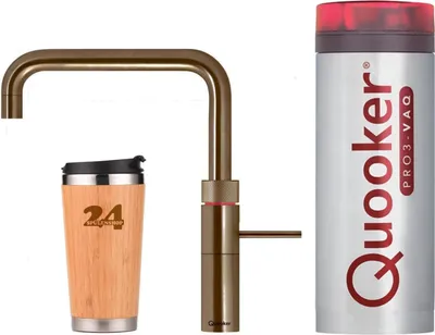 A Quooker tap, a travel mug, and a Quooker tank are displayed against a white background.