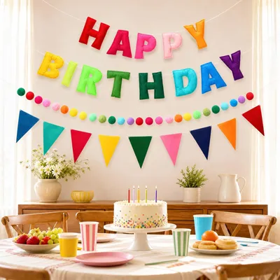 Geburtstagsdeko-Set mit Happy Birthday Banner, Wimpelkette, Pompom