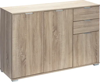 Produktbild von CASARIA® Kommode mit 3 Türen 2 Schubladen 107x75x35cm Holz Modern spiegelbarer Aufbau Schlafzimmer Büro Flur Mehrzweckschrank Aktenschrank Schrank Eiche