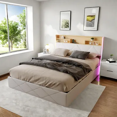 A bedroom scene with a bed, nightstands, and a window.