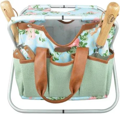 Productafbeelding van Tuinstoel met rozenprint - 40 x 31 x 31 cm, inklapbaar, met draaglus